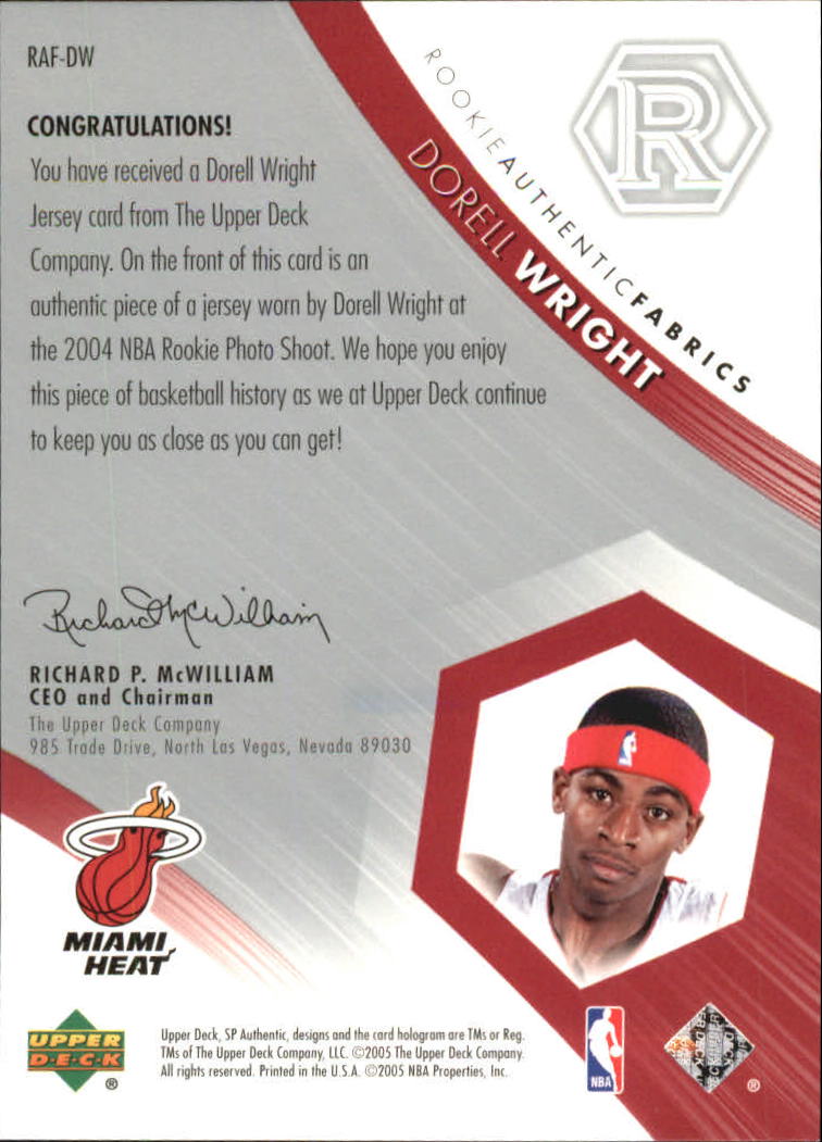 2004-05 SP Authentic Fabrics Rookies #DW Dorell Wright back image