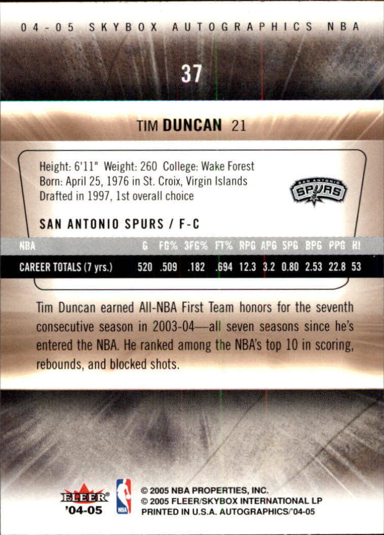 2004-05 SkyBox Autographics #37 Tim Duncan back image