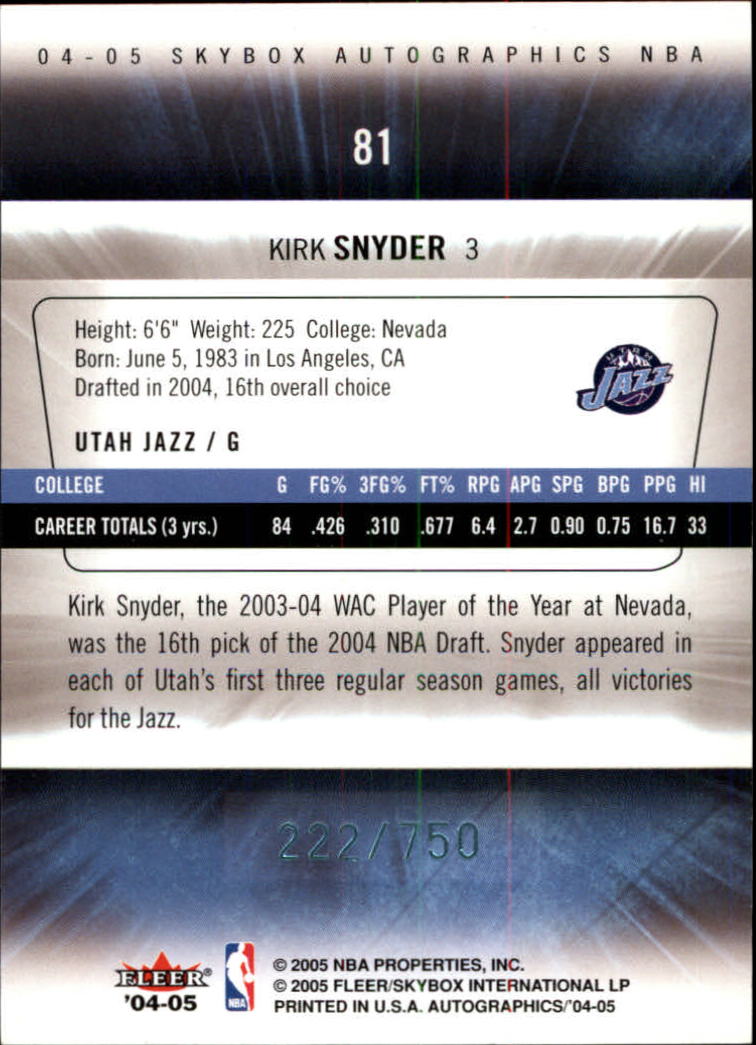 2004-05 SkyBox Autographics #81 Kirk Snyder RC back image