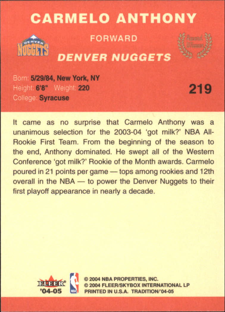 2004-05 Fleer Tradition #219 Carmelo Anthony AW back image
