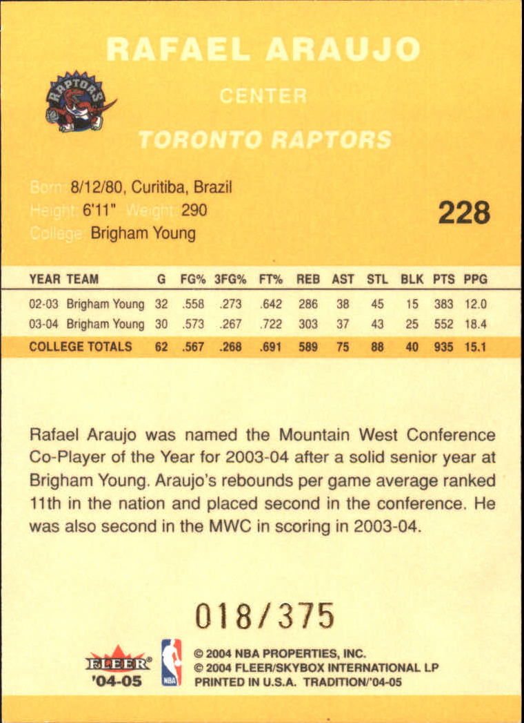 2004-05 Fleer Tradition Draft Day Rookies #228 Rafael Araujo back image