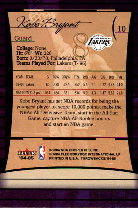 2004-05 Fleer Throwbacks #10 Kobe Bryant back image