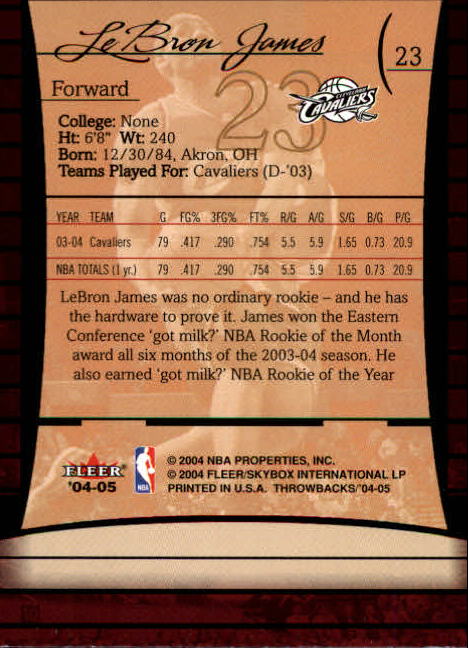 2004-05 Fleer Throwbacks #23 LeBron James back image