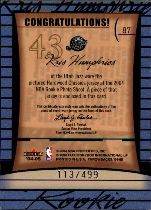 2004-05 Fleer Throwbacks #87 Kris Humphries JSY RC back image