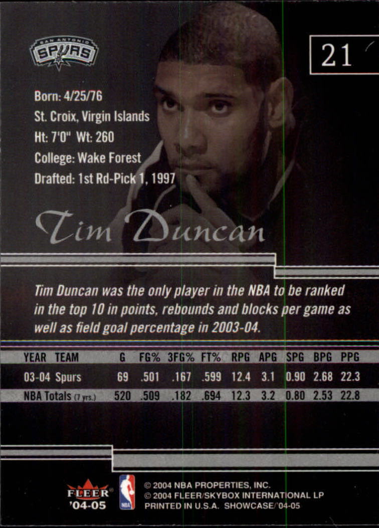 2004-05 Fleer Showcase #21 Tim Duncan back image