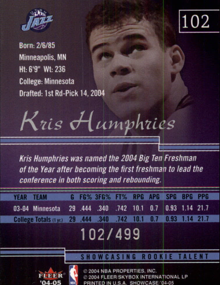 2004-05 Fleer Showcase #102 Kris Humphries/499 RC back image