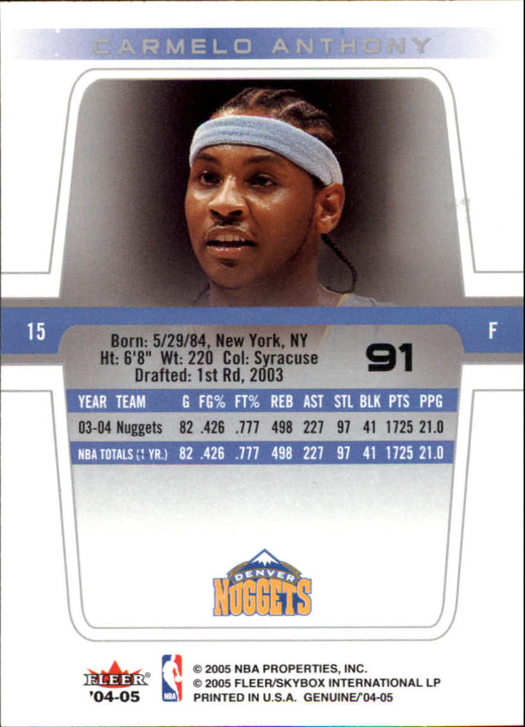 2004-05 Fleer Genuine #91 Carmelo Anthony back image