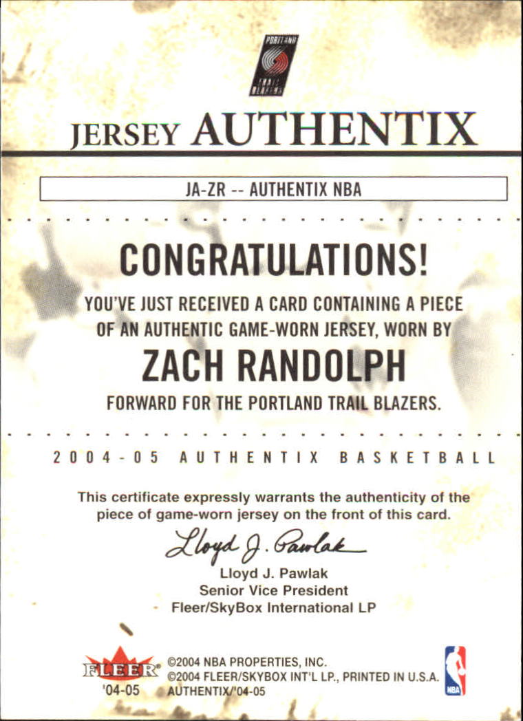 2004-05 Fleer Authentix Jerseys #35 Zach Randolph back image