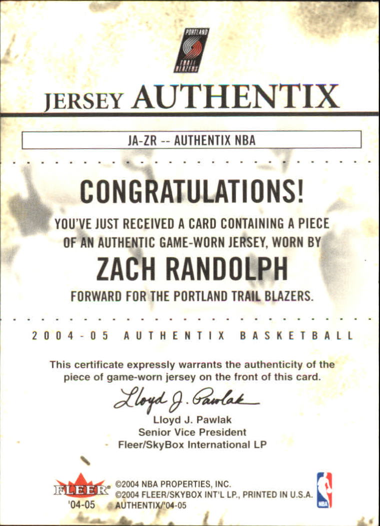 2004-05 Fleer Authentix Jerseys 75 #35 Zach Randolph back image