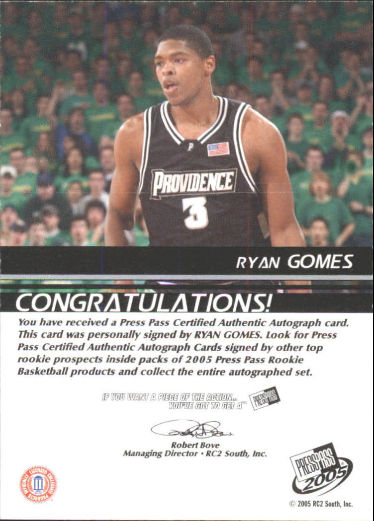 2005 Press Pass Autographs #RG Ryan Gomes back image