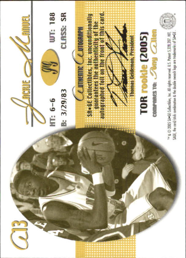 2005 SAGE Autographs Bronze #A13 Jackie Manuel/310 back image