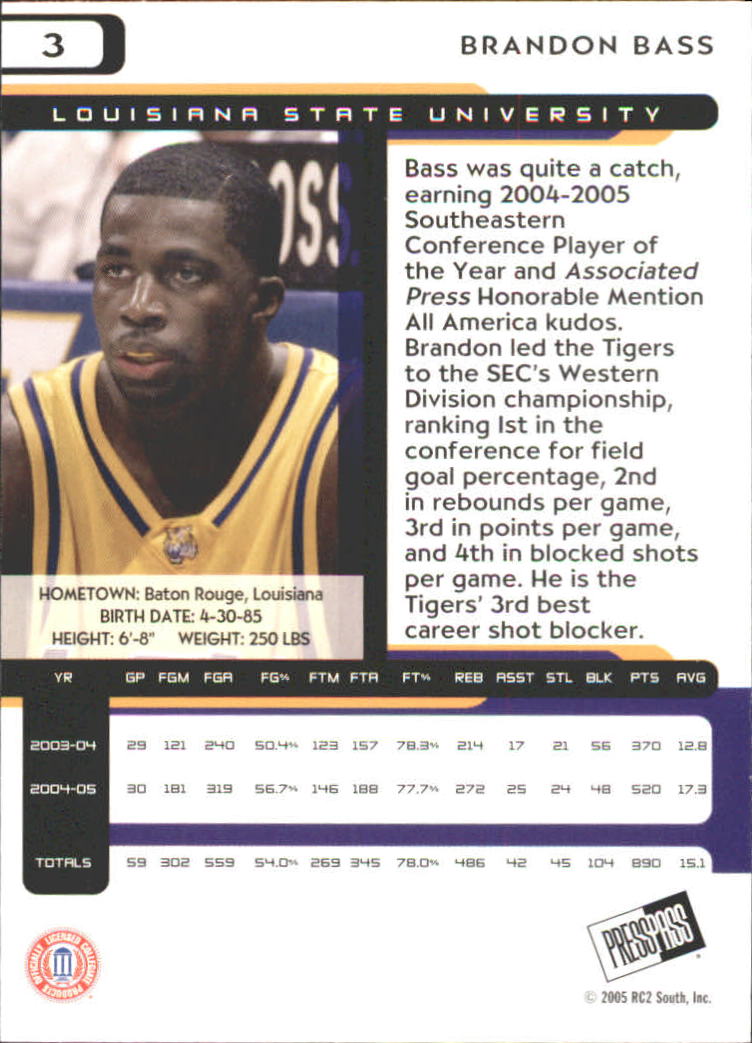 2005 Press Pass #3 Brandon Bass back image