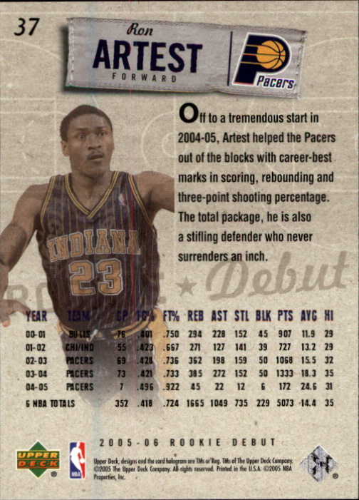 2005-06 Upper Deck Rookie Debut #37 Ron Artest back image
