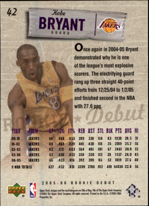 2005-06 Upper Deck Rookie Debut #42 Kobe Bryant back image