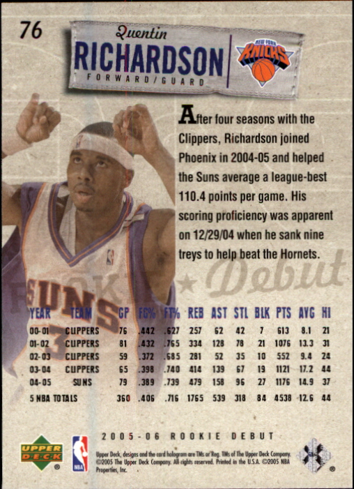 2005-06 Upper Deck Rookie Debut #76 Quentin Richardson back image