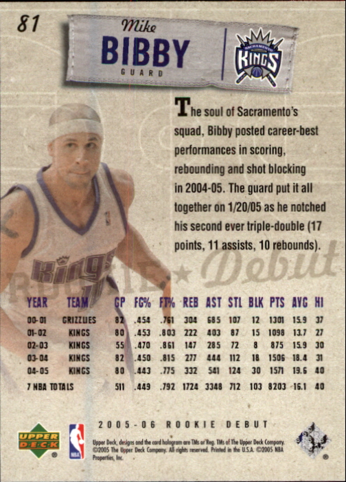 2005-06 Upper Deck Rookie Debut #81 Mike Bibby back image