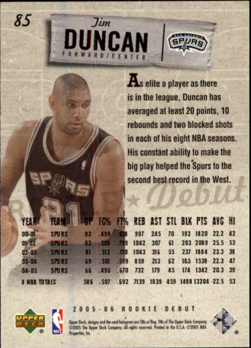 2005-06 Upper Deck Rookie Debut #85 Tim Duncan back image