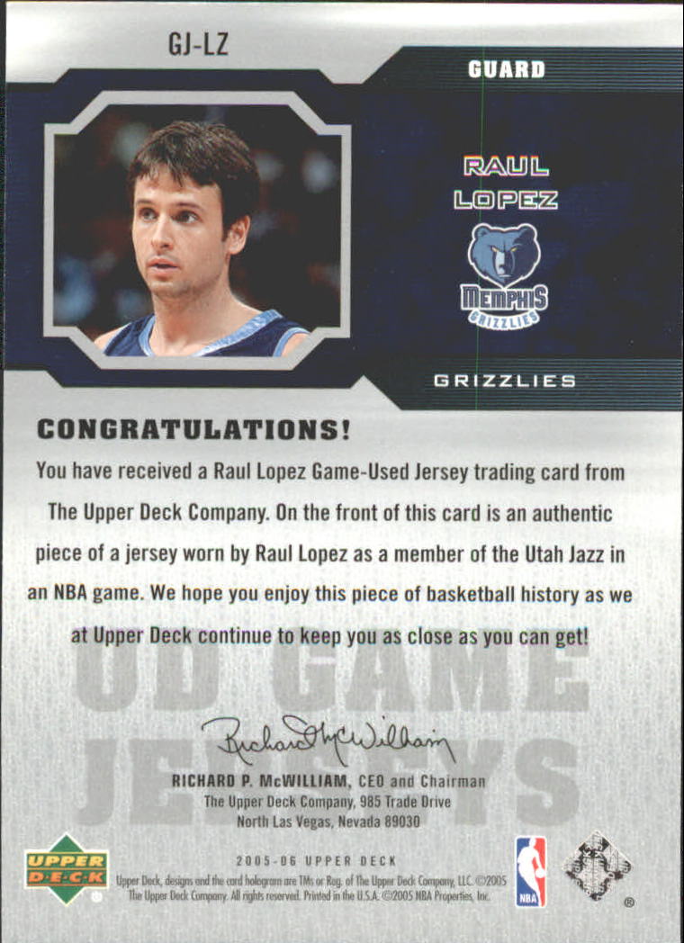 2005-06 Upper Deck Game Jerseys #LZ Raul Lopez back image