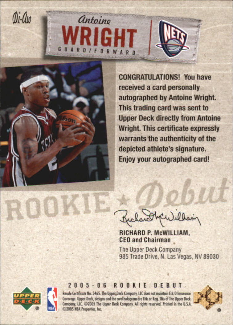 2005-06 Upper Deck Rookie Debut Ink #AW Antoine Wright back image
