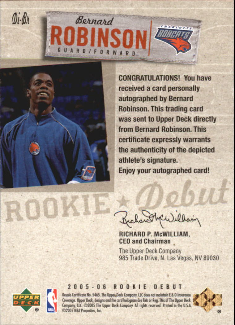 2005-06 Upper Deck Rookie Debut Ink #BR Bernard Robinson back image