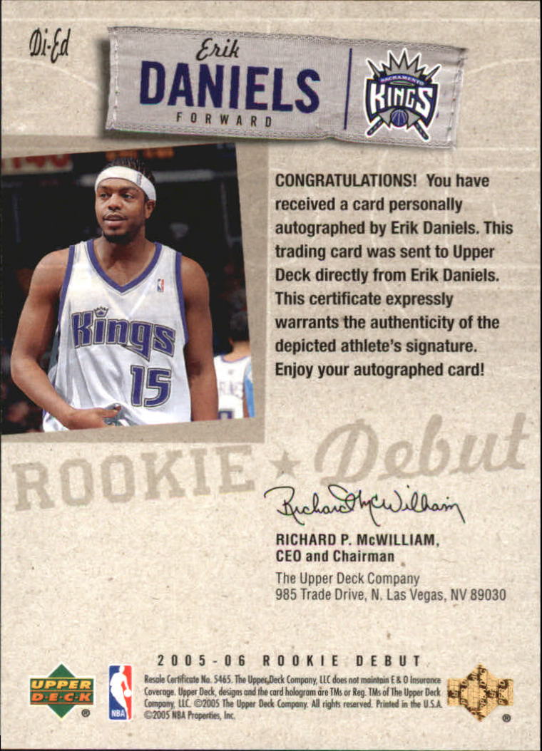 2005-06 Upper Deck Rookie Debut Ink #ED Erik Daniels back image