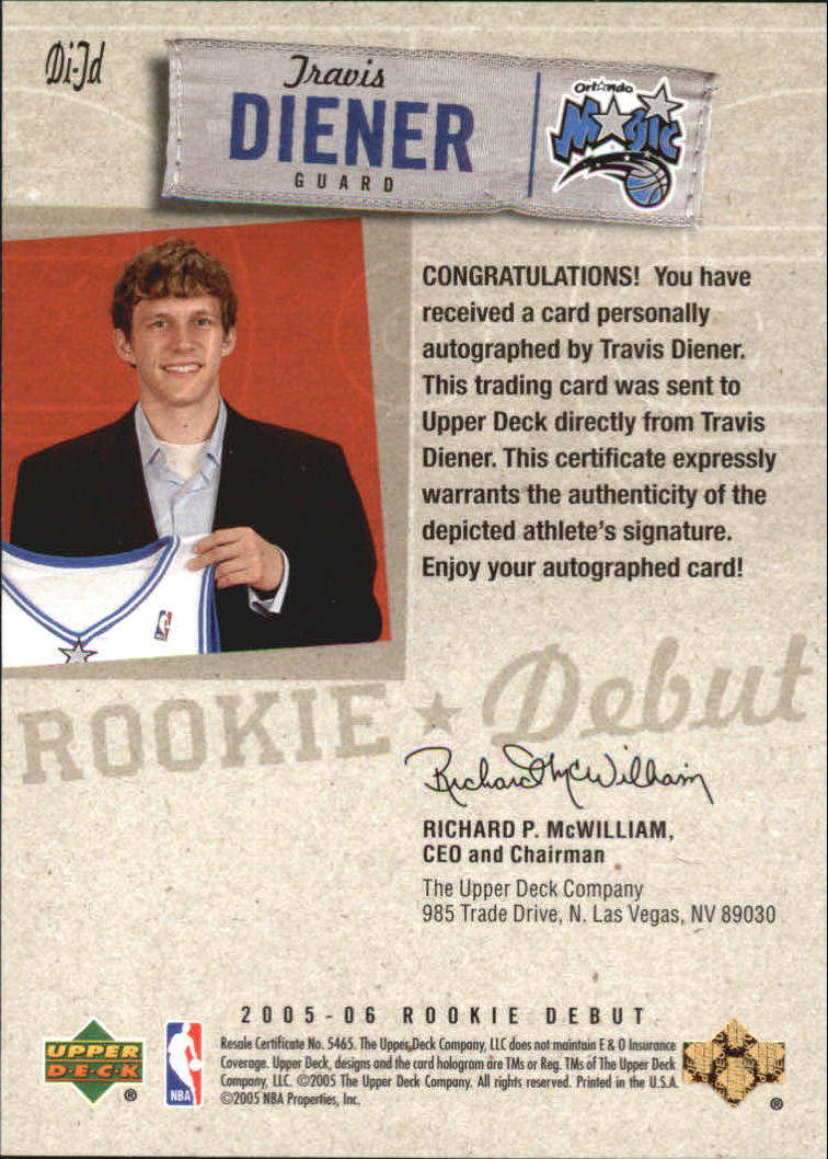 2005-06 Upper Deck Rookie Debut Ink #TD Travis Diener back image
