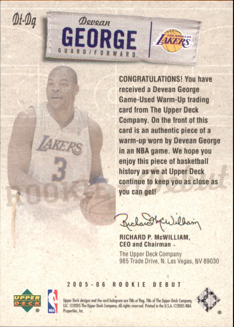 2005-06 Upper Deck Rookie Debut Threads #DG Devean George back image