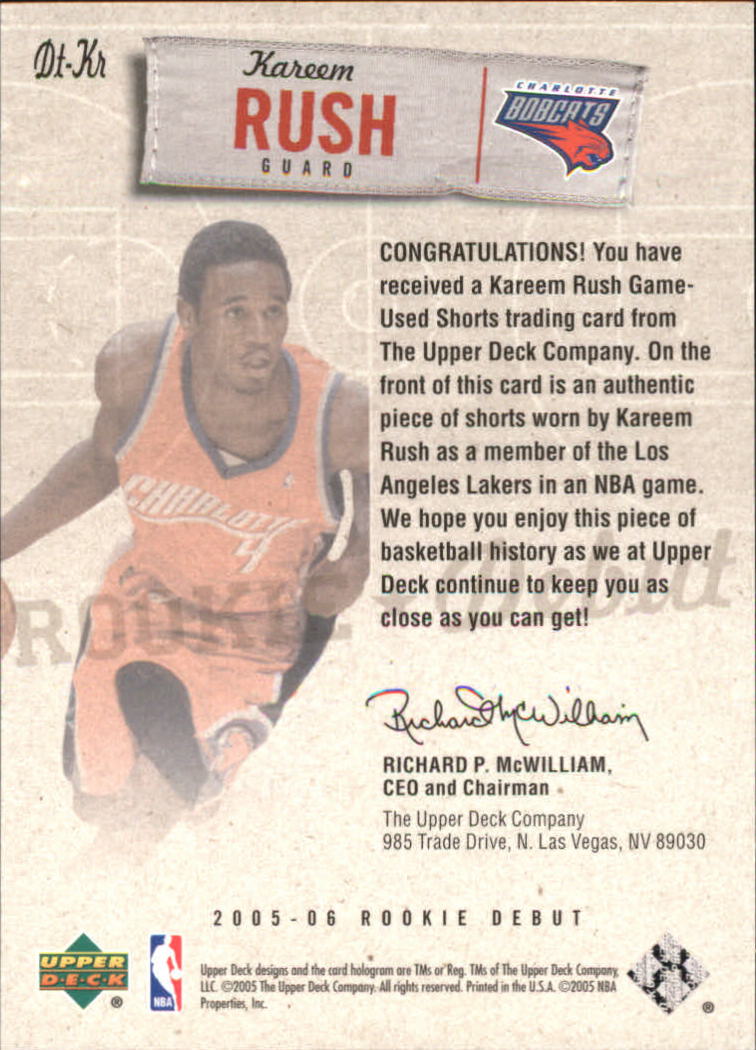 2005-06 Upper Deck Rookie Debut Threads #KR Kareem Rush back image
