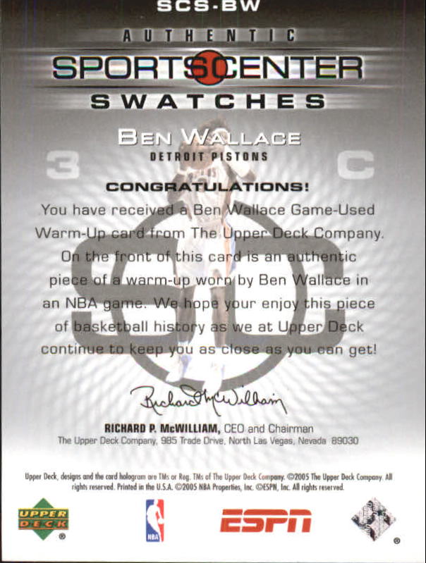 2005-06 Upper Deck ESPN Sports Center Swatches #BW Ben Wallace back image