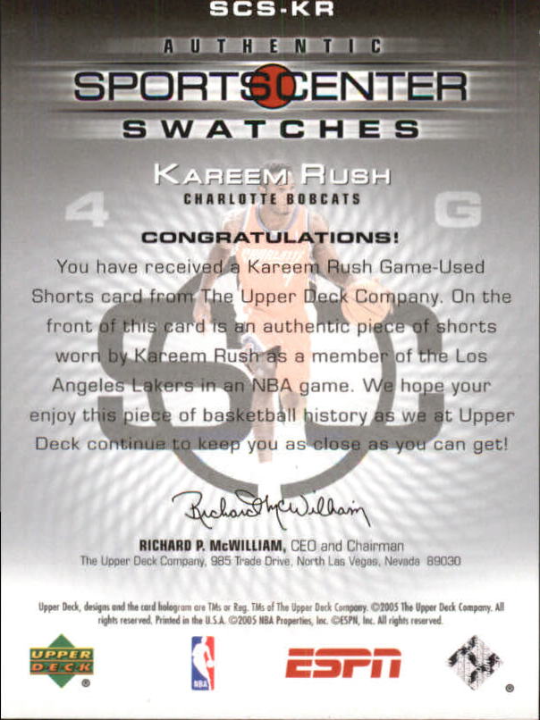 2005-06 Upper Deck ESPN Sports Center Swatches #KR Kareem Rush back image
