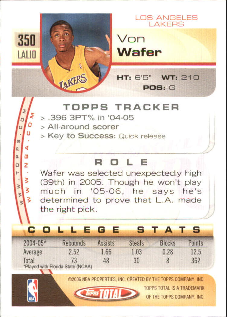 2005-06 Topps Total Silver #350 Von Wafer back image
