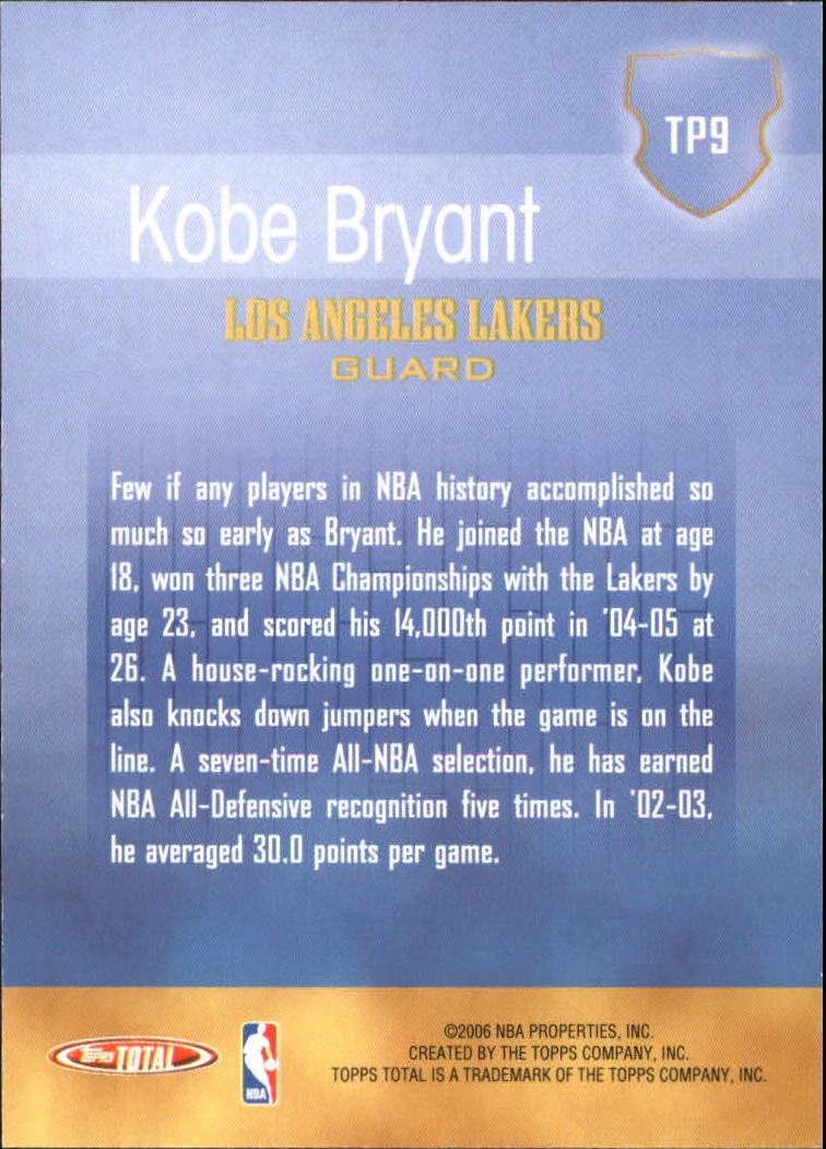 2005-06 Topps Total Performance #TP9 Kobe Bryant back image