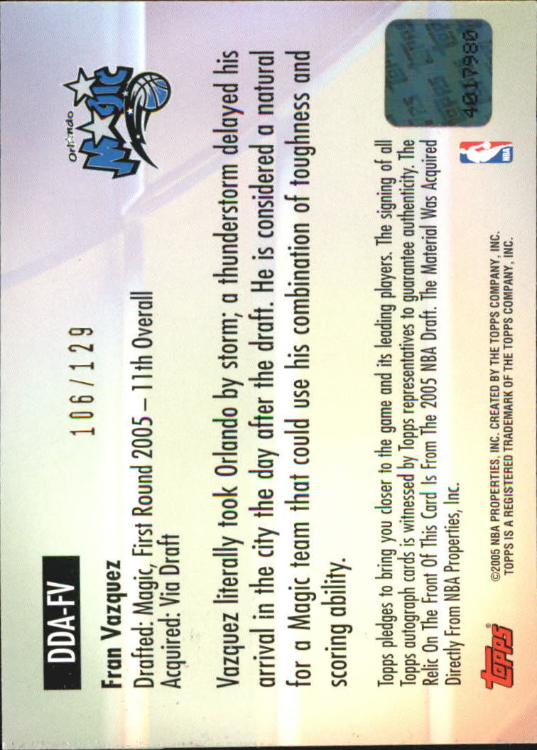 2005-06 Topps Big Game Draft Day Moments Relics Autographs #FV Fran Vazquez Hat back image