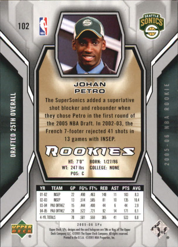 2005-06 SPx #102 Johan Petro RC back image