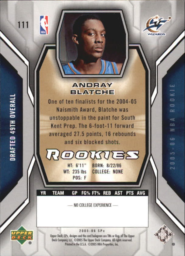 2005-06 SPx #111 Andray Blatche RC back image