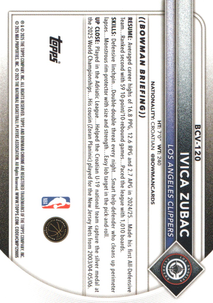 2025-26 Bowman Chrome #BCV120 Ivica Zubac