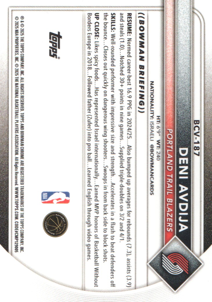2025-26 Bowman Chrome #BCV187 Deni Avdija