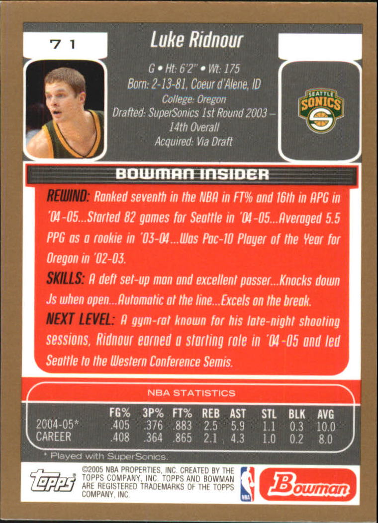 2005-06 Bowman Gold #71 Luke Ridnour back image