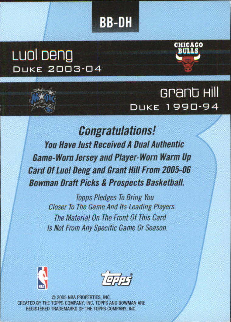 2005-06 Bowman Beginnings Relics #DH Luol Deng/Grant Hill Warm back image