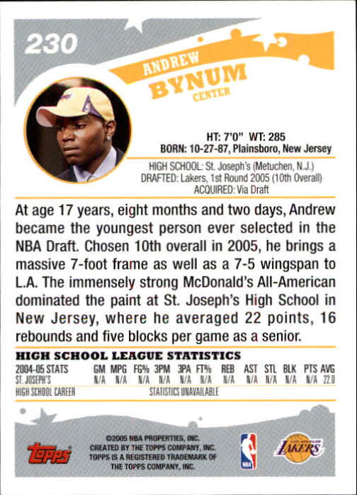 2005-06 Topps First Edition #230 Andrew Bynum back image