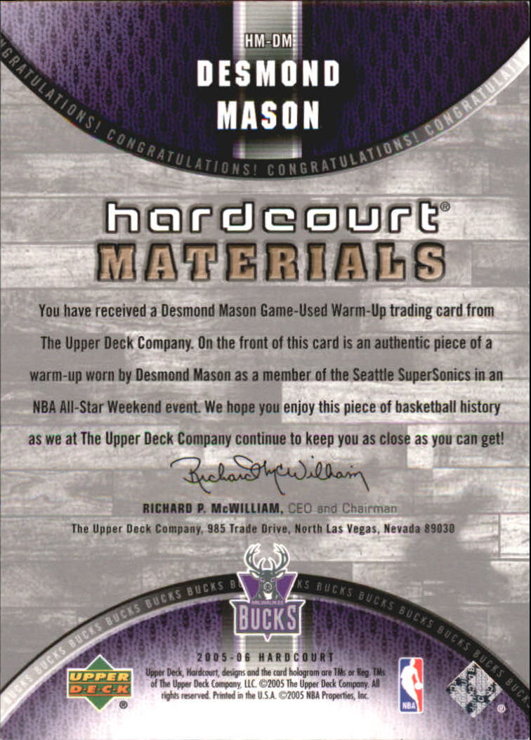 2005-06 Upper Deck Hardcourt Materials #DM Desmond Mason back image