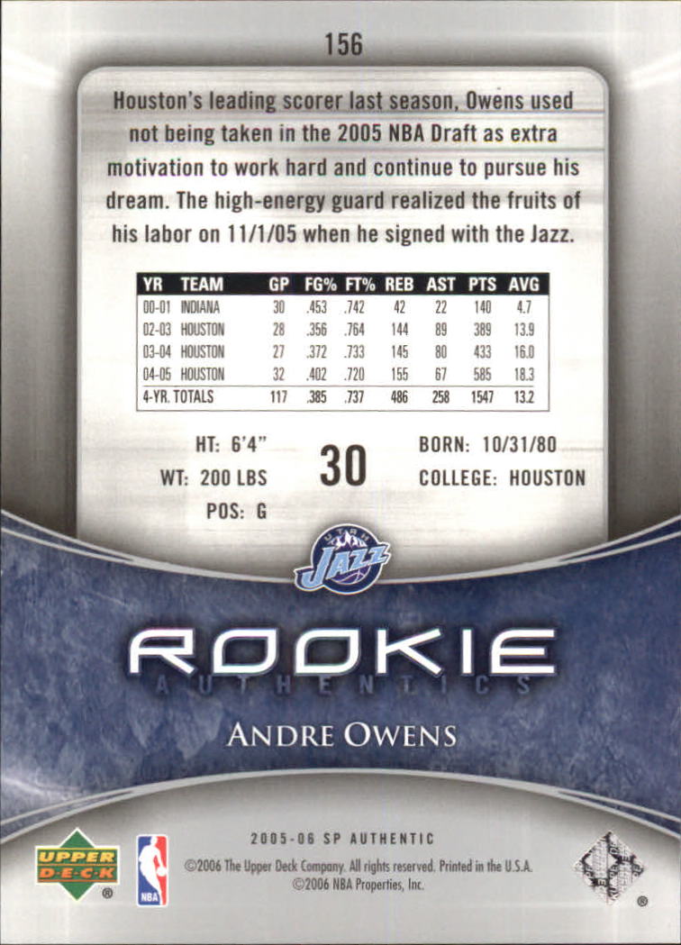 2005-06 SP Authentic #156 Andre Owens RC back image
