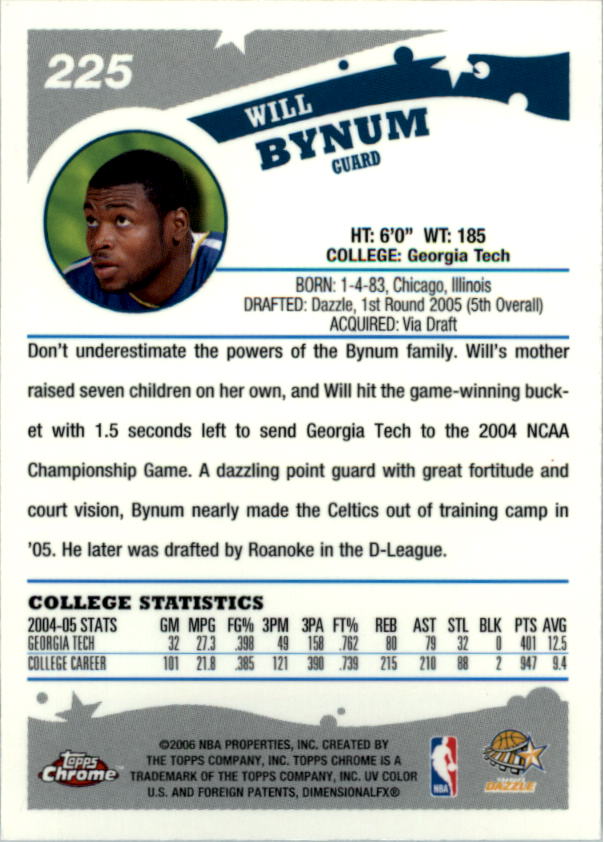 2005-06 Topps Chrome #225 Will Bynum DL RC back image