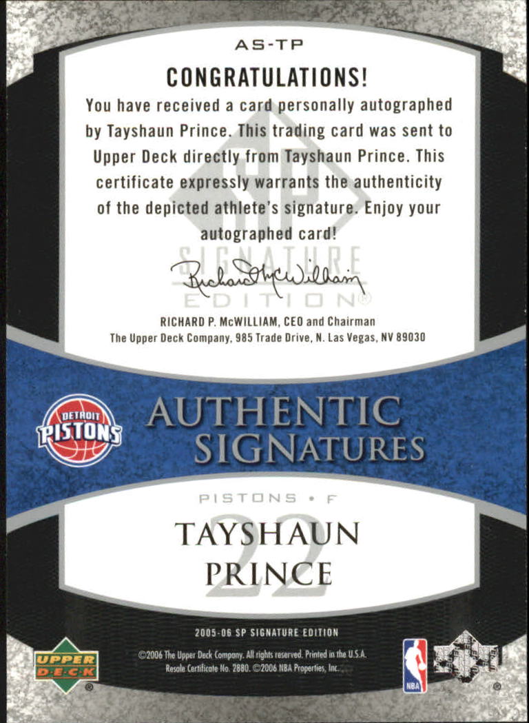 2005-06 SP Signature Edition Signatures #TP Tayshaun Prince back image