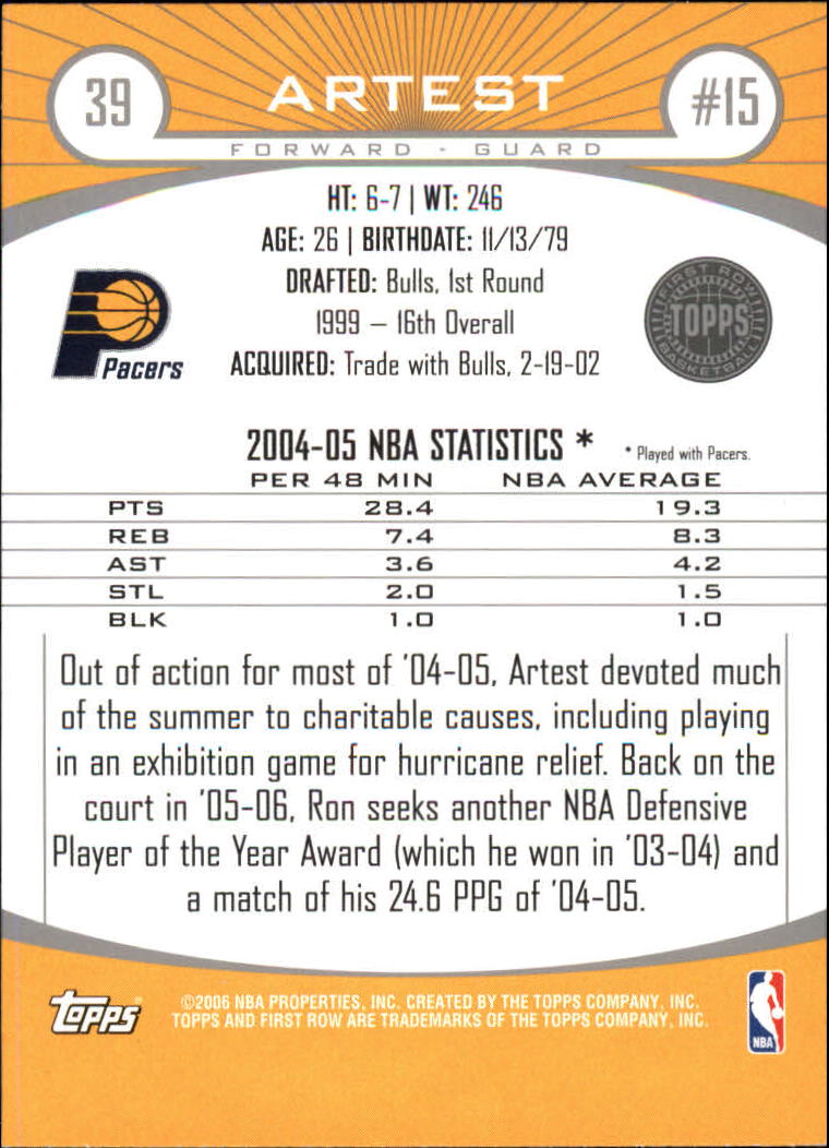 2005-06 Topps First Row #39 Ron Artest back image