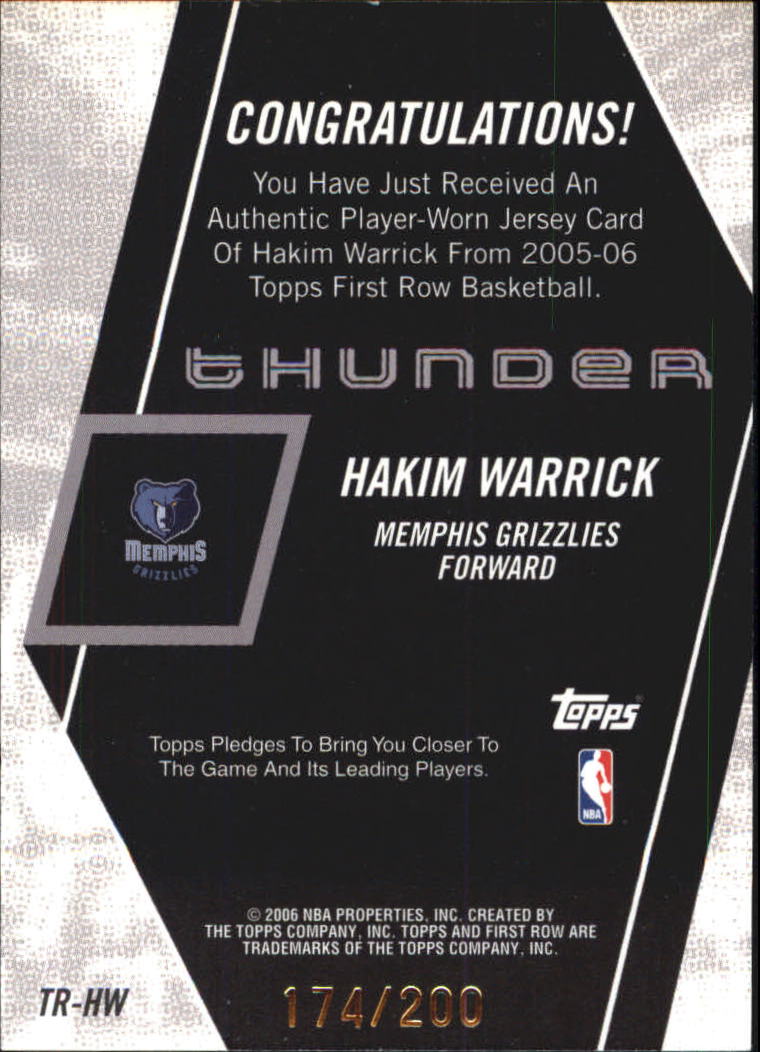 2005-06 Topps First Row Thunder Relics #HW Hakim Warrick back image