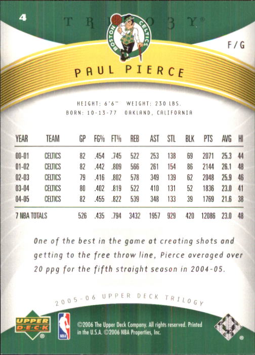 2005-06 Upper Deck Trilogy #4 Paul Pierce back image