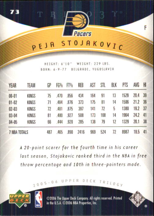 2005-06 Upper Deck Trilogy #73 Peja Stojakovic back image