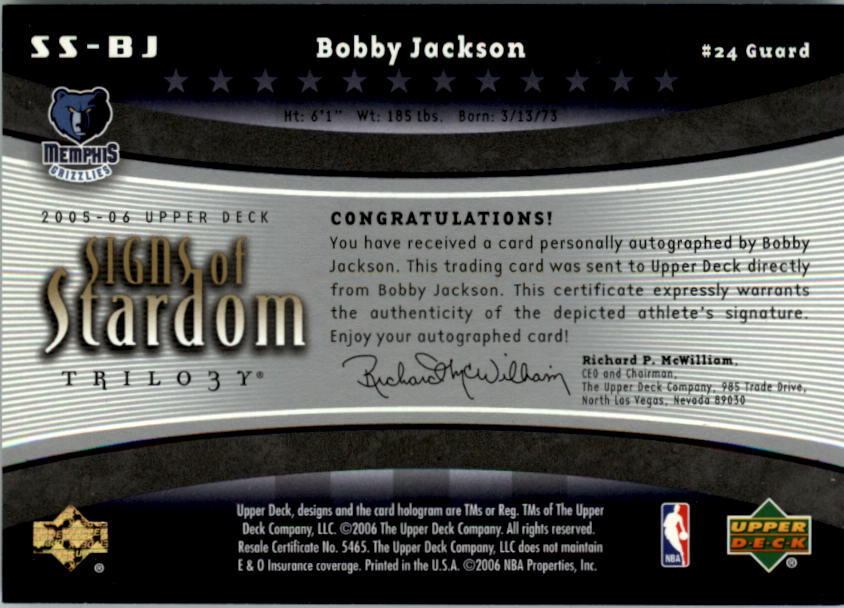 2005-06 Upper Deck Trilogy Signs of Stardom #BJ Bobby Jackson back image