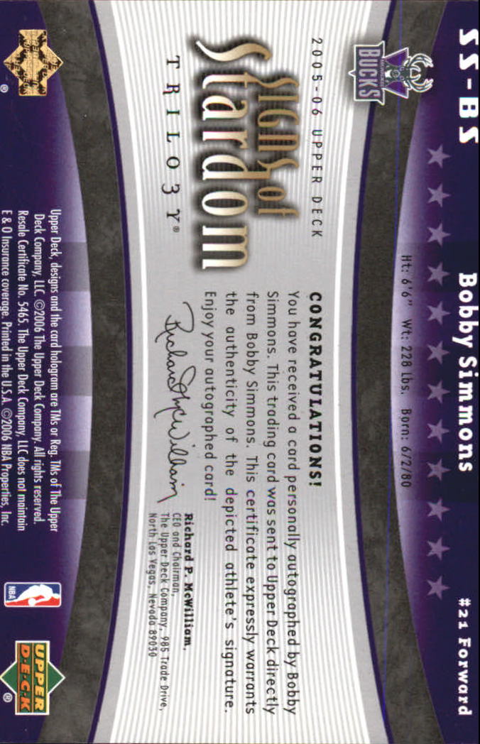 2005-06 Upper Deck Trilogy Signs of Stardom #BS Bobby Simmons back image